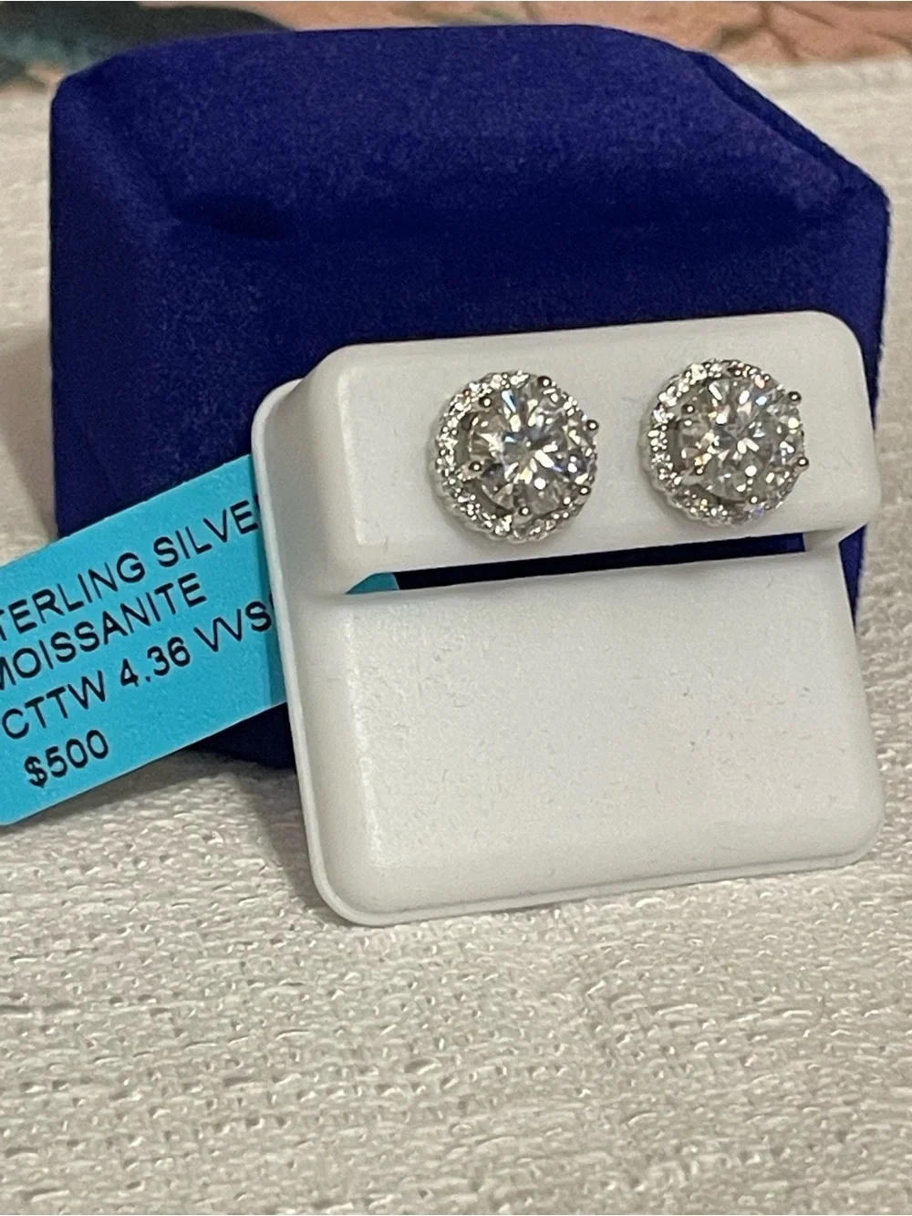 Classic Round Halo Moissanite Stud Earrings 4.36ct UNISEX passes diamond tester - Picture 3 of 5